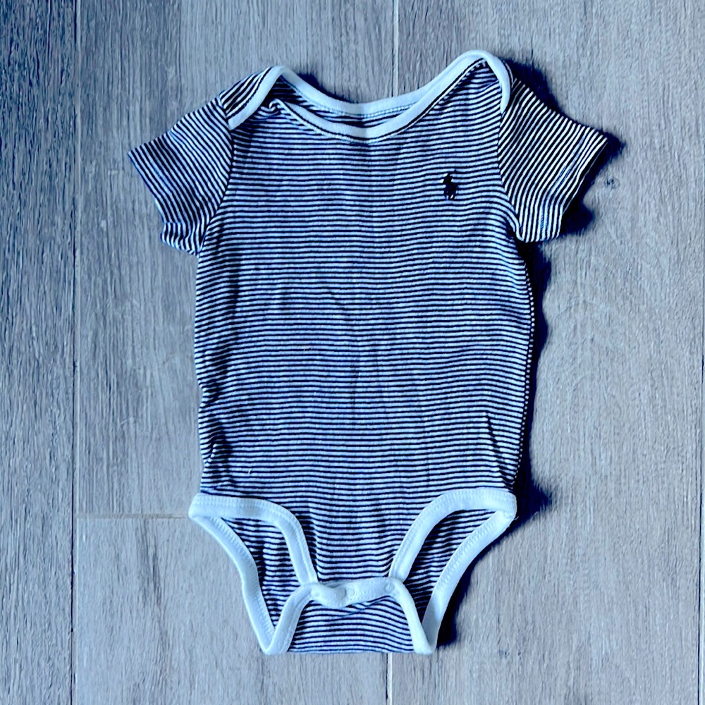 RALPH LAUREN Baby Navy and White Striped Short Sleeve Onesie Size 6M